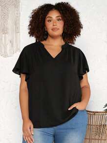 SHEIN CURVE+ Kích thước lớn Đường viền cổ có rãnh Tay áo loe Áo sơ mi - màu đen - Xem 2