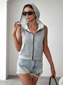SHEIN EZwear Women'S Sleeveless Hoodie With Zipper Front - Grey - View 4