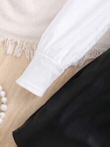 SHEIN 女童純色泡泡袖上衣+pu皮裙 - 黑與白 - 查看 5