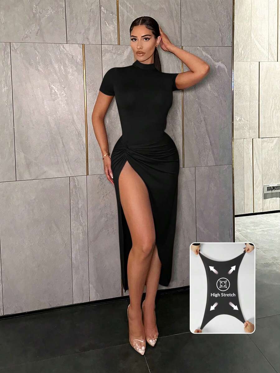 SHEIN SXY Solid Stand Collar Slim Fit Bodysuit And Twist-Knot Skirt High Elastic Set - Black - View 1