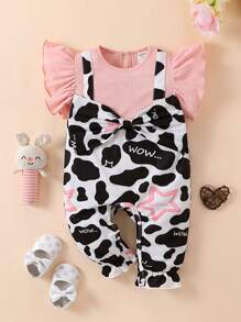 女嬰牛印花星星和字母印花拼接連身褲,荷葉邊底邊 - 粉色 - 查看 1