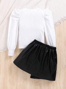 SHEIN 女童純色泡泡袖上衣+pu皮裙 - 黑與白 - 查看 2