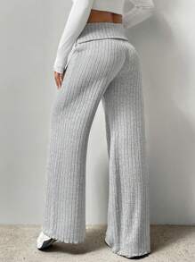 SHEIN Unity 女款純色羅紋翻折腰長褲 - 灰色 - 查看 2