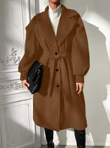 Calvaya Turn-Down Collar Single-Breasted Belted Overcoat