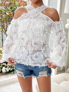 SHEIN Privé 中空切割肩膀燈籠袖毛茸茸襯衫 - 白色 - 查看 6