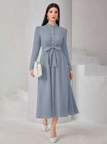Modelyn 素色腰帶襯衫洋裝 - 淺藍色 - 查看 1