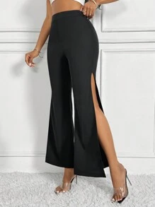 SHEIN Slayr 女款純色高衩寬褲 - 黑色 - 查看 3