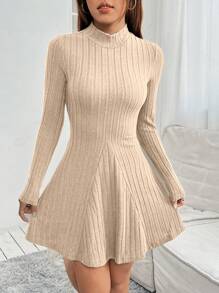 SHEIN PETITE 女款純色立領針織連身裙 - 杏色 - 查看 6