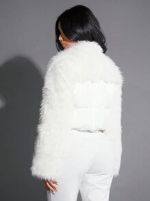 SHEIN BAE 粗针织和蓬松拼布白色短款拉链夹棉外套，冬季 - 白色 - 查看 2