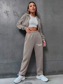 SHEIN EZwear 女士口號印花連帽衫和運動長褲套裝 - 杏色 - 查看 3