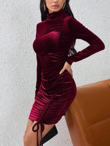 女士立領褶皺絨面洋裝 - 酒紅色 - 查看 7