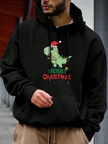 男士聖誕節印花連帽抓絨衣,束口帽衫 - 黑色 - 查看 1