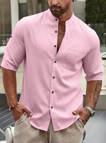 Manfinity Homme Loose Fit Men's Solid Color Short Sleeve Plain Shirt - Baby Pink - View 6