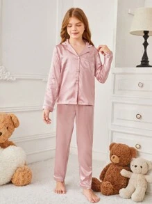 中小學女孩鎖骨翻領長袖上衣和長褲睡衣套裝 - 藕粉色 - 查看 3