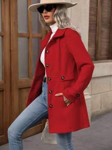 EMERY ROSE Women's Buttoned Notched Lapel Casual Woolen Overcoat With Slanted Pockets For New Year Clothes Fall Winter Cloth For Women - Red - View 4