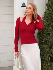 Suéter De Punto De Ajuste Delgado Diseñado Para Mujeres - Rojo - Ver 6