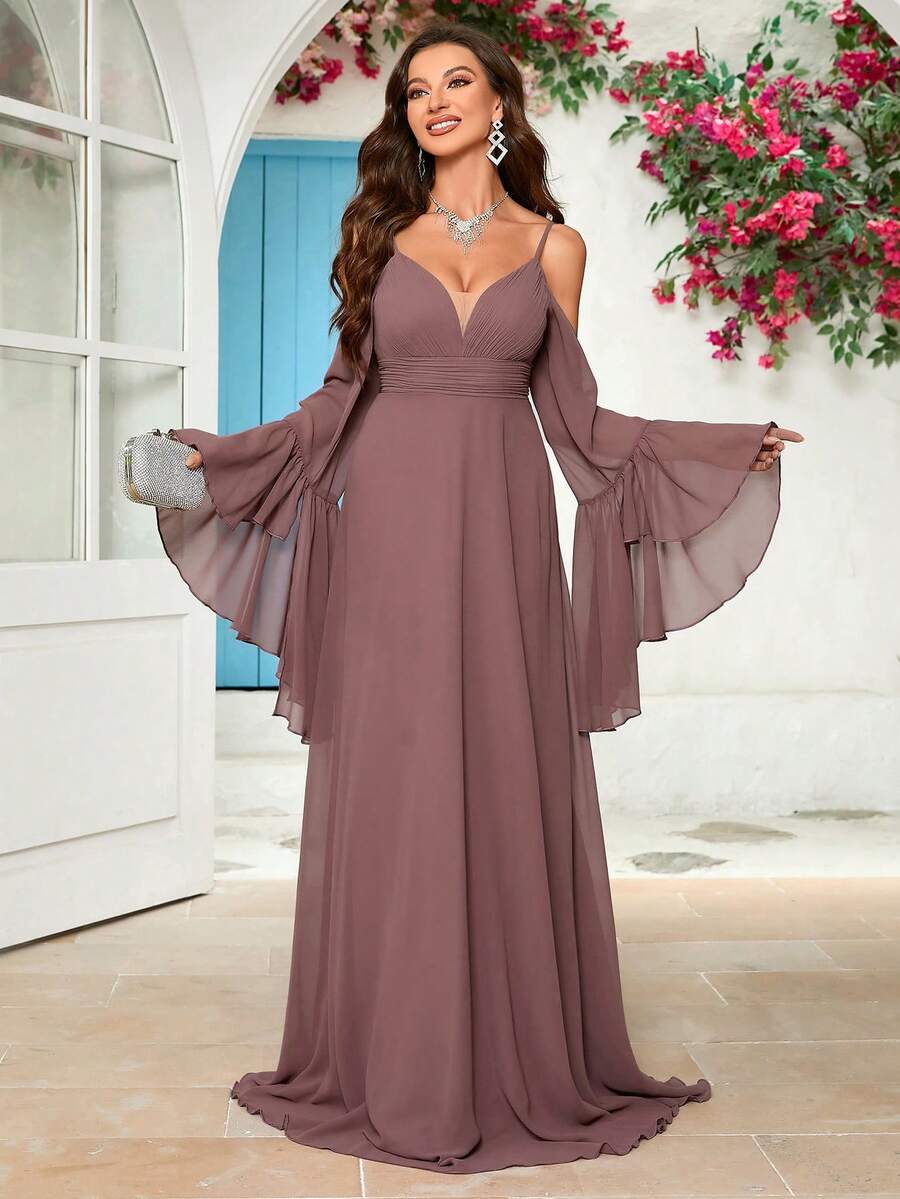 UNITHORSE Off-Shoulder Flare Sleeve Solid Color Bridesmaid Dress - Dusty Pink - View 1