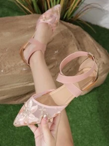 女式時尚空心平底鞋,網眼布、刺繡和彈性帶,可選粉色、淺金色和多彩色 - 粉色 - 查看 3