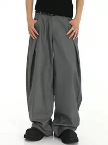 Manfinity EMRG Men's Solid Color Pleated Fold-Over Loose Wide Leg Pants Baggy Pants - Dark Grey - View 3