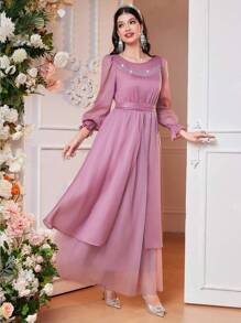 Modelyn 女士水钻装饰腰带长袖连衣裙长款晚礼服