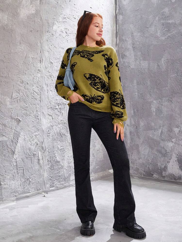 Teen Girl Butterfly Pattern Distressed Sweater