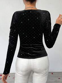 SHEIN Privé 女士聖誕節情人節派對滿幅碎鑽t卹 - 黑色 - 查看 3