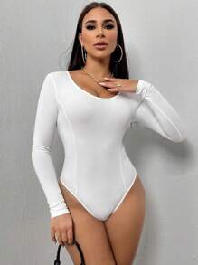 SHEIN SXY 女款純色羅紋紋理長袖連身衣 - 白色 - 查看 1