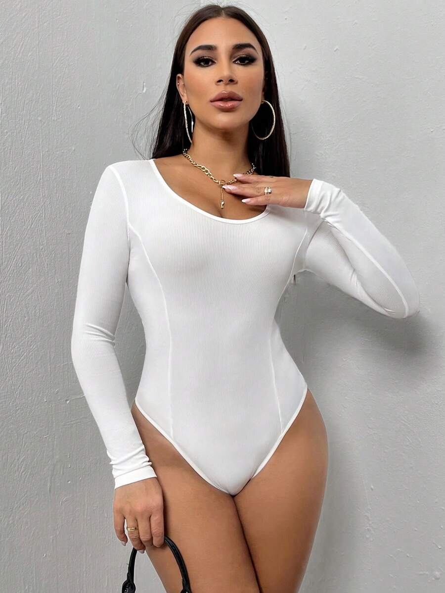 SHEIN SXY 女款純色羅紋紋理長袖連身衣 - 白色 - 查看 1