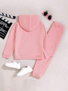 SHEIN 2 件/套 Tween 女孩卡通印花休閒連帽衫和運動褲 - 粉色 - 查看 2