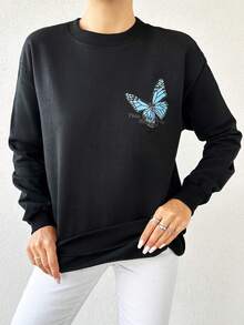 EURMUSE 女士蝴蝶印花運動衫,背面設計 - 黑色 - 查看 2