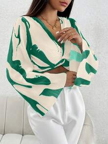 SHEIN PETITE 扭結細節泡泡袖短款上衣 - 綠色 - 查看 6