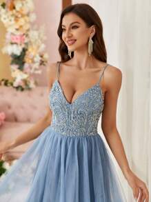 SHEIN Belle Sequin Patchwork Backless Mesh Strap Cocktail Party Dress - Blue - View 5