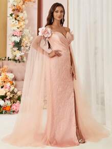 SHEIN Belle Manches Épaules Dénudées, Croix Sur La Poitrine, Sangle Arrière, Embellissement Floral 3d, Tissu Tulle Orné De Satin, Ourlet Fendu, Petit Train, Robe De Soirée - Vieux Rose - Voir 7