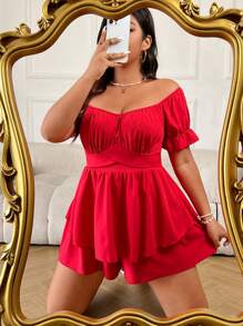 Flirla Plus Size Women'S Solid Color Off-Shoulder Pleated Jumpsuit For New Year Clothes - Red - View 4