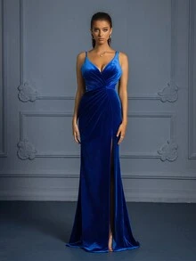 Sexy Blue Velvet Halter Neck Dress With High Slit And Open Back, Suitable For Parties, Banquets, Birthdays And Other Occasions - Royal Blue - View 3