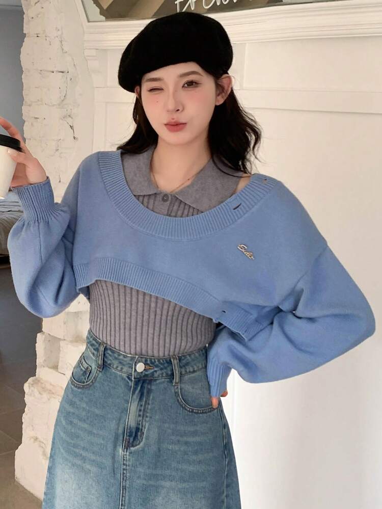 Women'S Drop Shoulder Long Sleeve Cropped Sweater And Ribbed Tank Top Two Piece Set,Fall Clothes