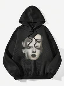 SHEIN EZwear 女士宽松卡通图案连帽衫，配有抽绳和保暖衬里 - 黑色 - 查看 1