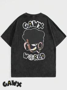GAWX Hombres Camiseta con letra con estampado de figura de dibujos animados - Negro - Ver 1