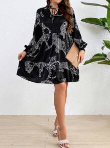 SHEIN Franclia 大尺碼豹紋領結燈籠袖裙 - 彩色 - 查看 4