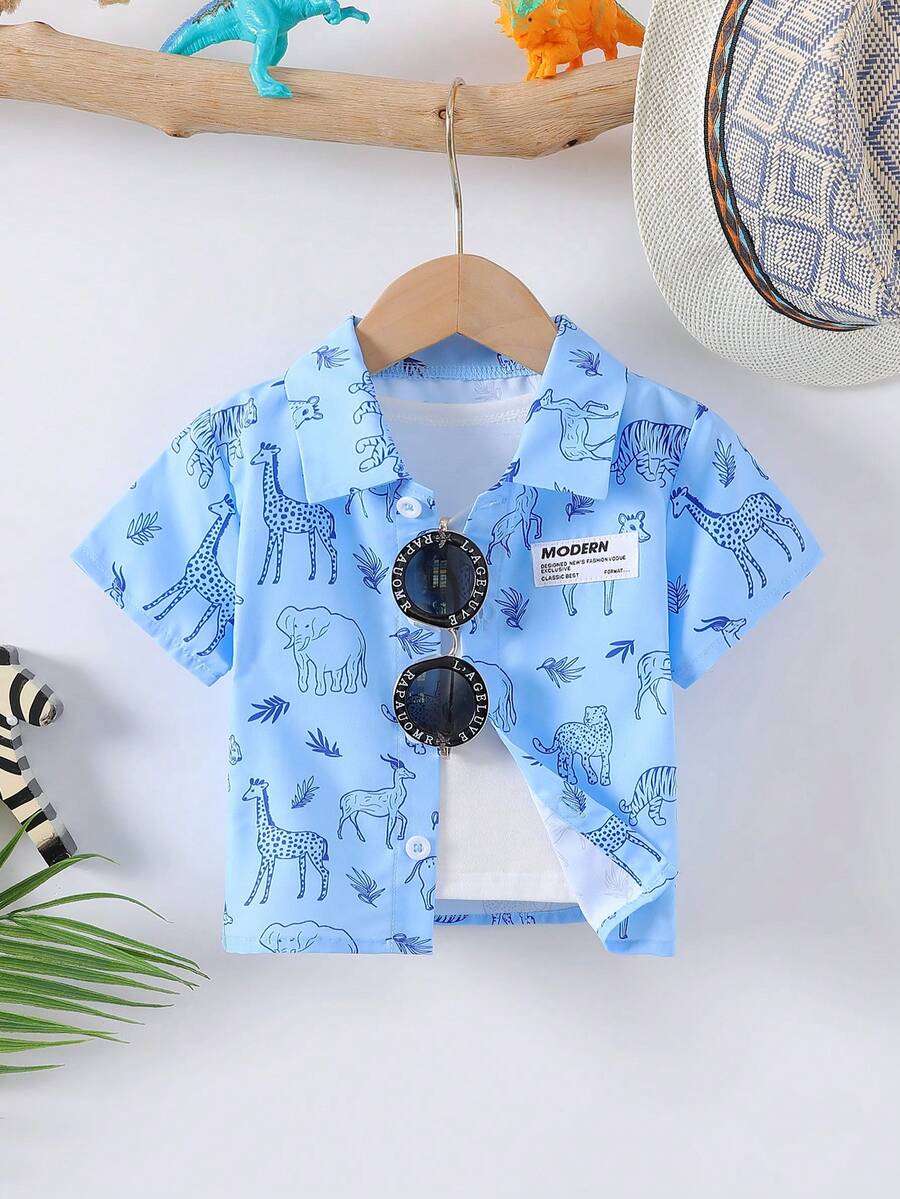 Em bé Con trai Con voi & In hoa  cao cổ in Ngắn tay Áo sơ mi Với Vòng cổ , Kỳ nghỉ Phong cách Cho mùa hè - Màu xanh lam - Xem 1