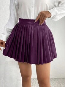 SHEIN PETITE 女式純色百褶迷你裙 - 紫色 - 查看 1