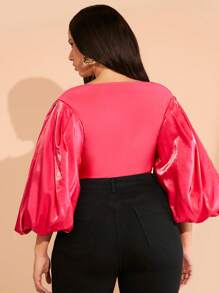 Hauture Plus Puff Sleeve Bustier Crop Top - Hot Pink - View 2