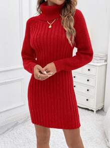 SHEIN Privé Casual Ladies' Ribbed Knit High Neck Sweater Dress - Red - View 5