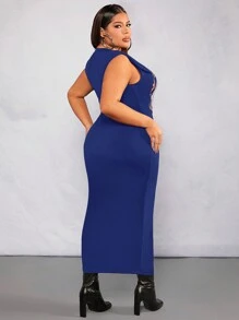 SHEIN SXY Vestido de mujer de talla grande con estampado de águila y cuello redondo con letras - azul real - Ver 1
