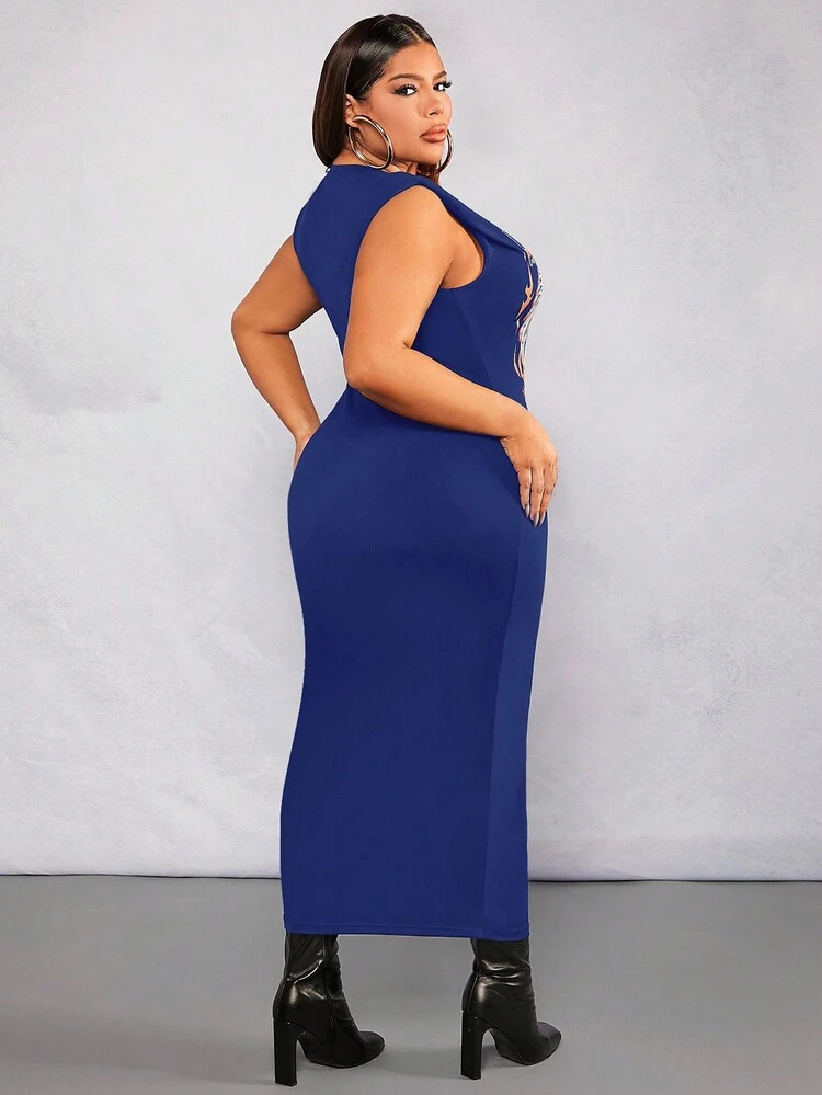 Plus Size Ladies' Eagle Printed Round Neck Tank Dress With Letters