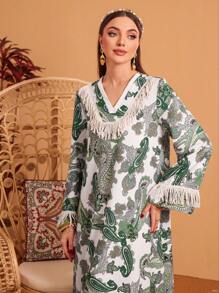 Al Najma Paisley Print Fringe V-Neck Dress