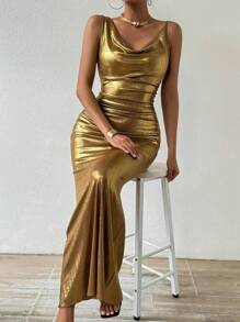 Rafferiza Women's Draped-Neck Mermaid Style Dress For New Year Holiday Party Clothes Maxi Women Outfit - Gold - View 5