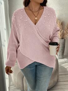 SHEIN Clasi Của phụ nữ Kết cườm Vượt qua Mặt trước Áo chui đầu Áo len - Hồng - Xem 1