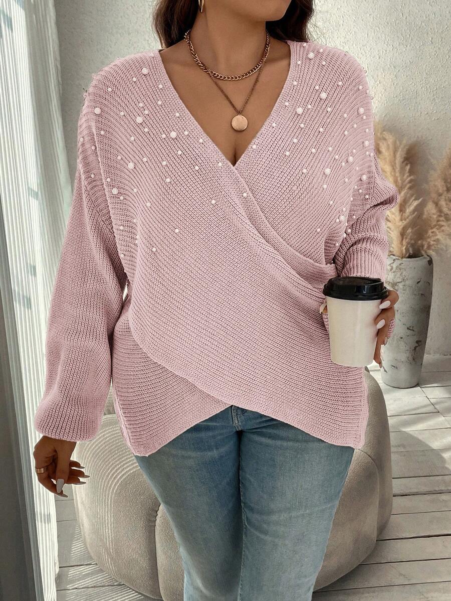 SHEIN Clasi Của phụ nữ Kết cườm Vượt qua Mặt trước Áo chui đầu Áo len - Hồng - Xem 1