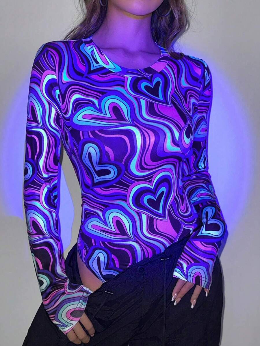 SHEIN ICON Body De Mujer Con Estampado De Corazones Que Brillan En La Oscuridad - Multicolor - Ver 1